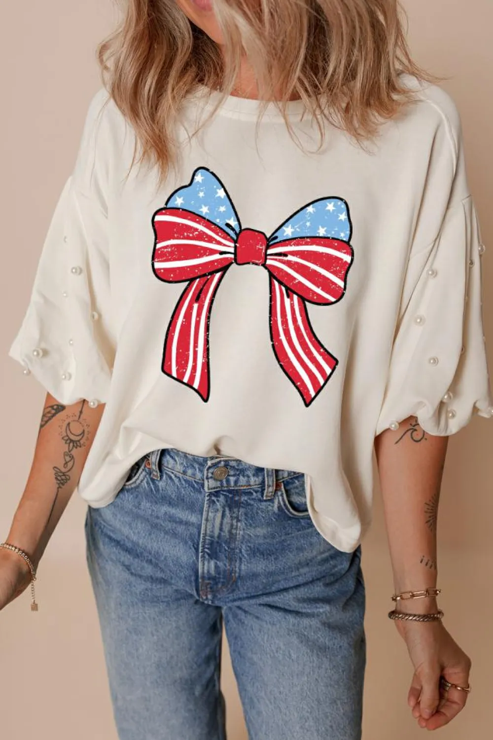 Hot Dear-Lover Stars Stripes Bowknot Graphic Pearled Puff Half Sleeve T Shirt White