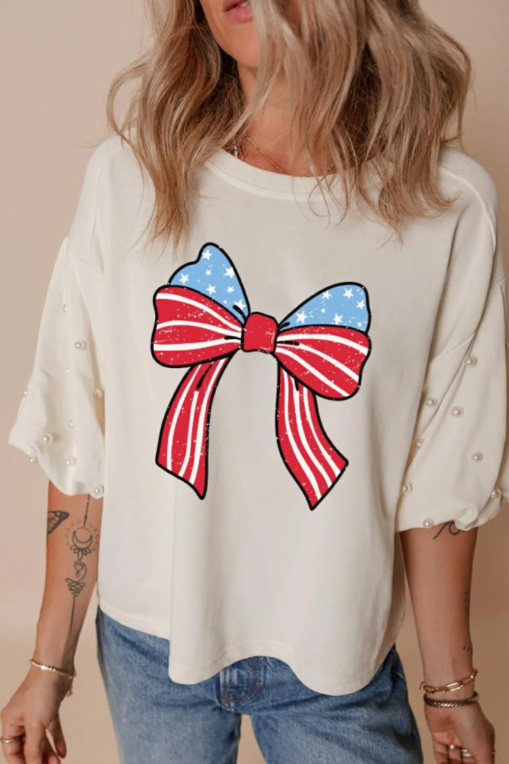 Hot Dear-Lover Stars Stripes Bowknot Graphic Pearled Puff Half Sleeve T Shirt White