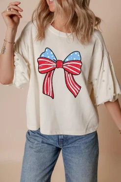 Hot Dear-Lover Stars Stripes Bowknot Graphic Pearled Puff Half Sleeve T Shirt White