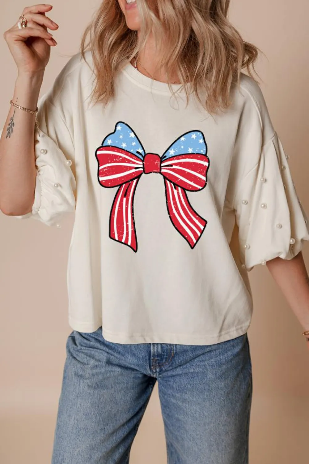 Hot Dear-Lover Stars Stripes Bowknot Graphic Pearled Puff Half Sleeve T Shirt White