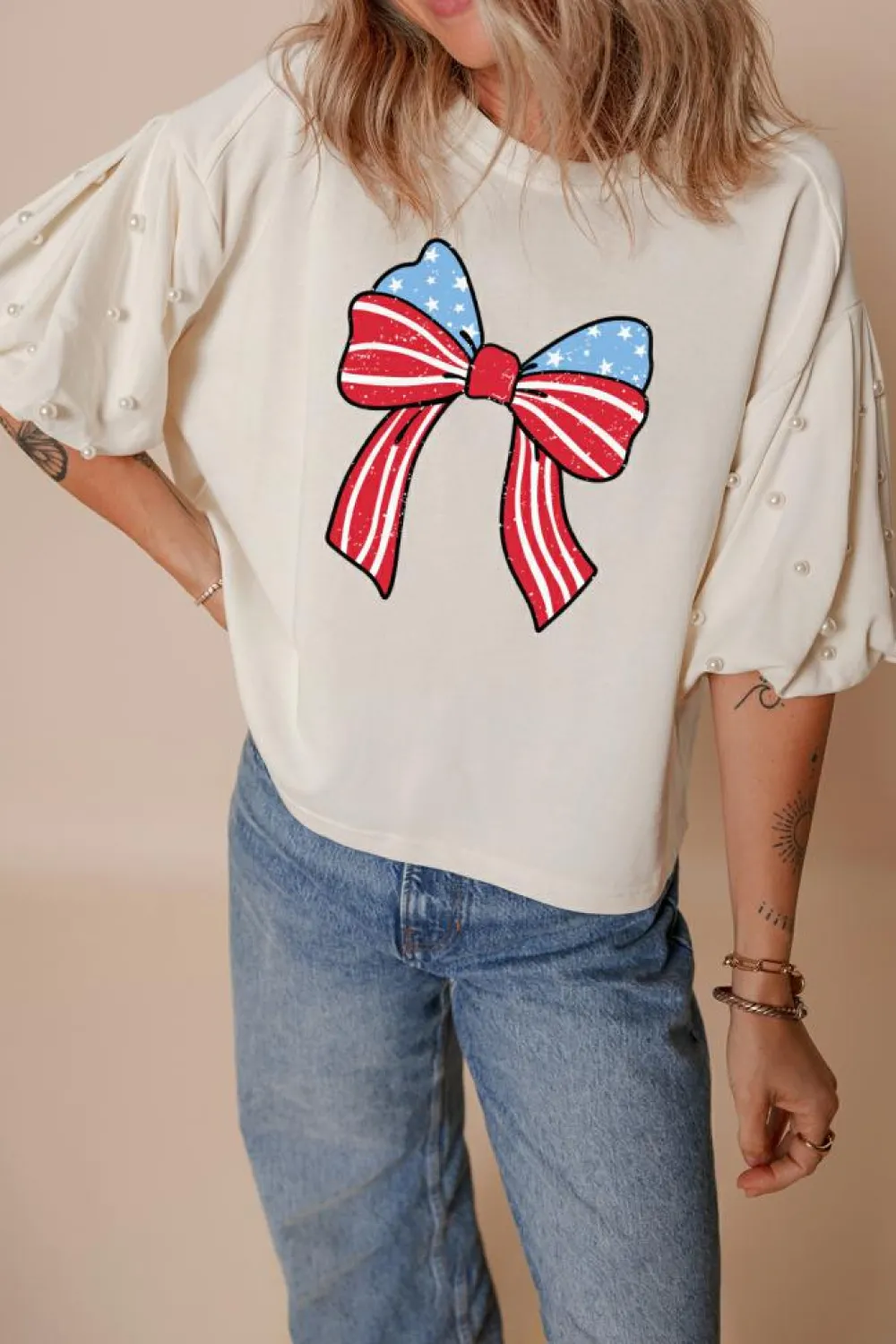 Hot Dear-Lover Stars Stripes Bowknot Graphic Pearled Puff Half Sleeve T Shirt White