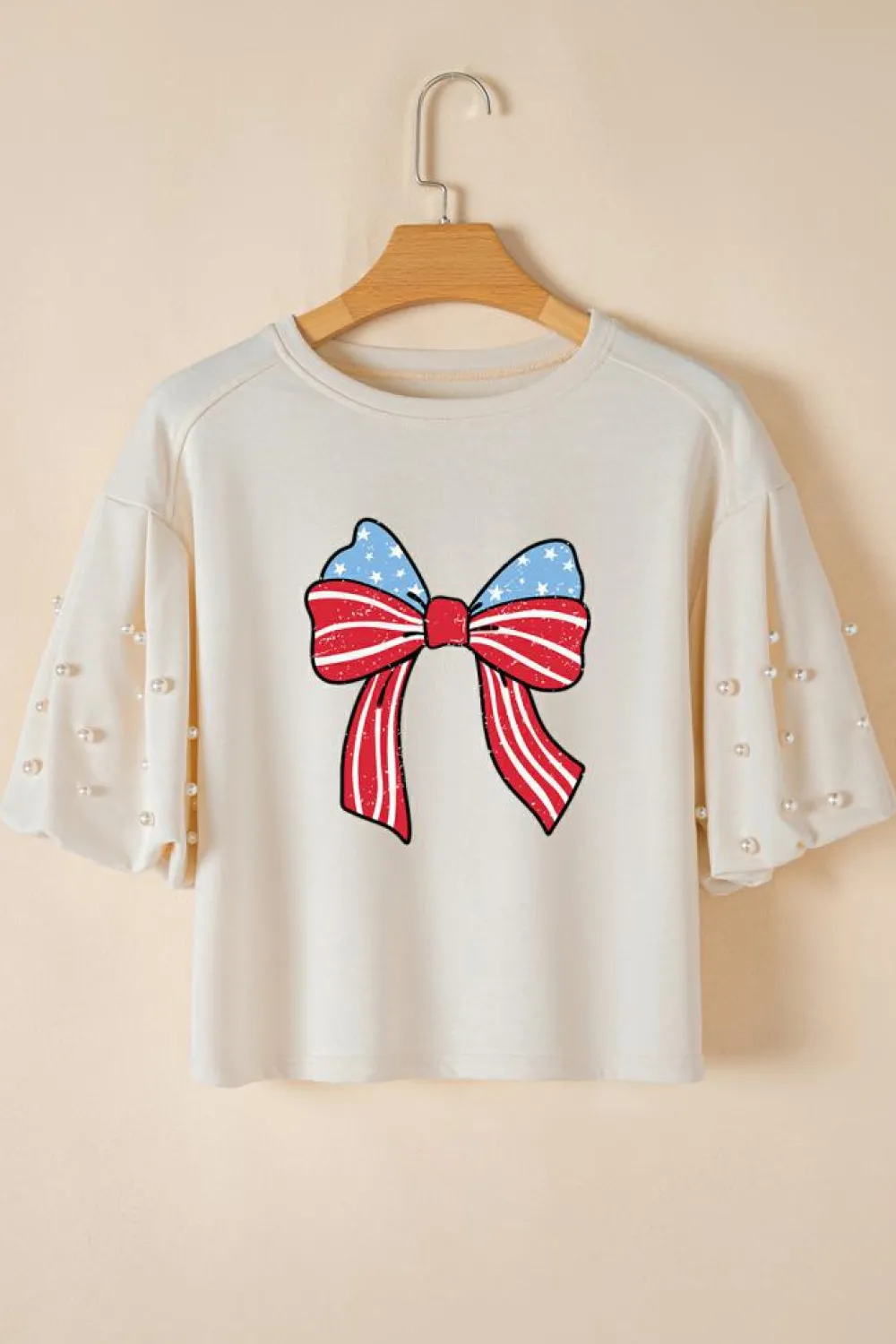 Hot Dear-Lover Stars Stripes Bowknot Graphic Pearled Puff Half Sleeve T Shirt White