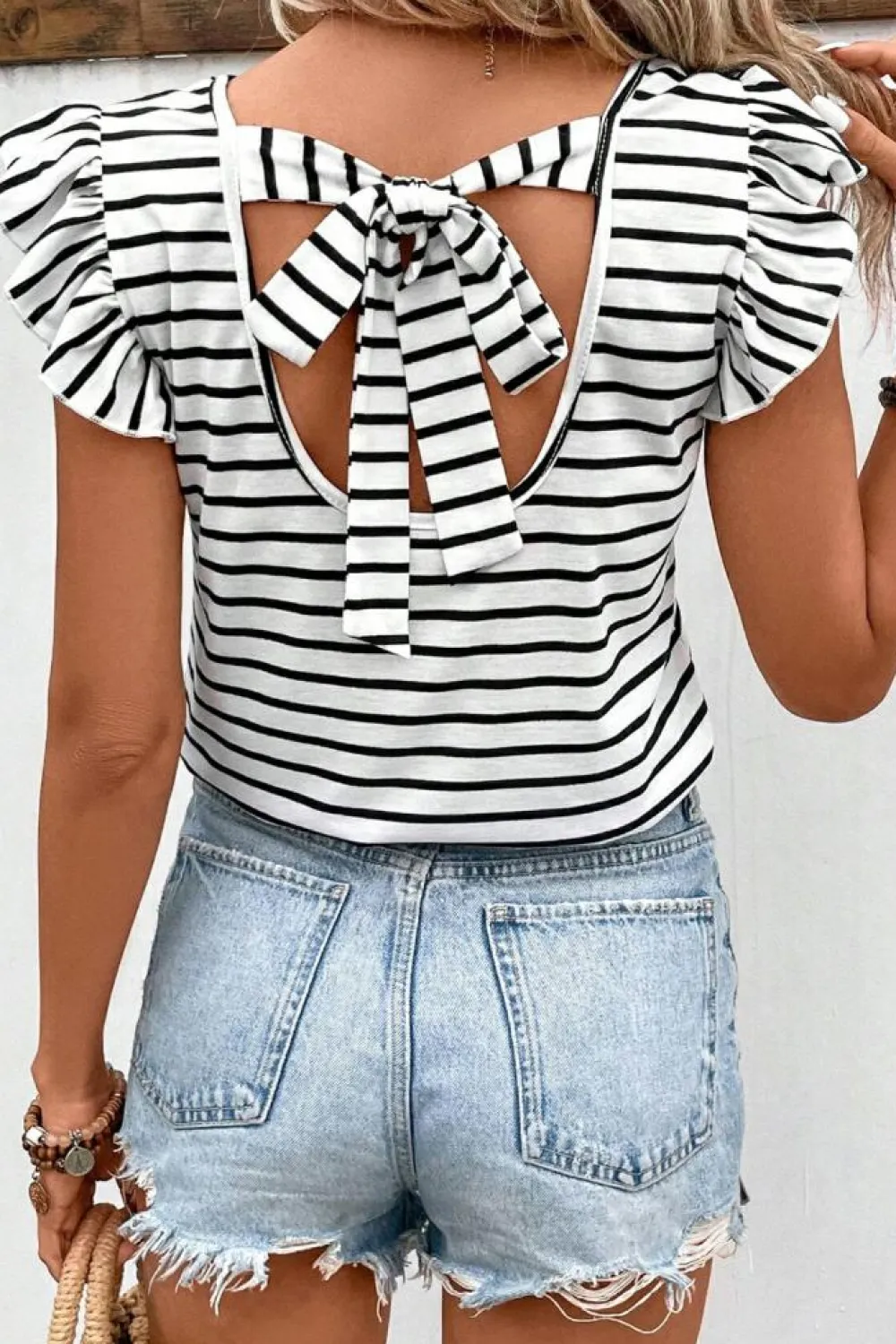 Fashion Dear-Lover Butterfly Sleeve V Neck Hollowed Knot Back T Shirt White Stripe