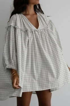 Hot Dear-Lover Checkered Frilled V Neck Bracelet Sleeve Babydoll Dress White Stripe