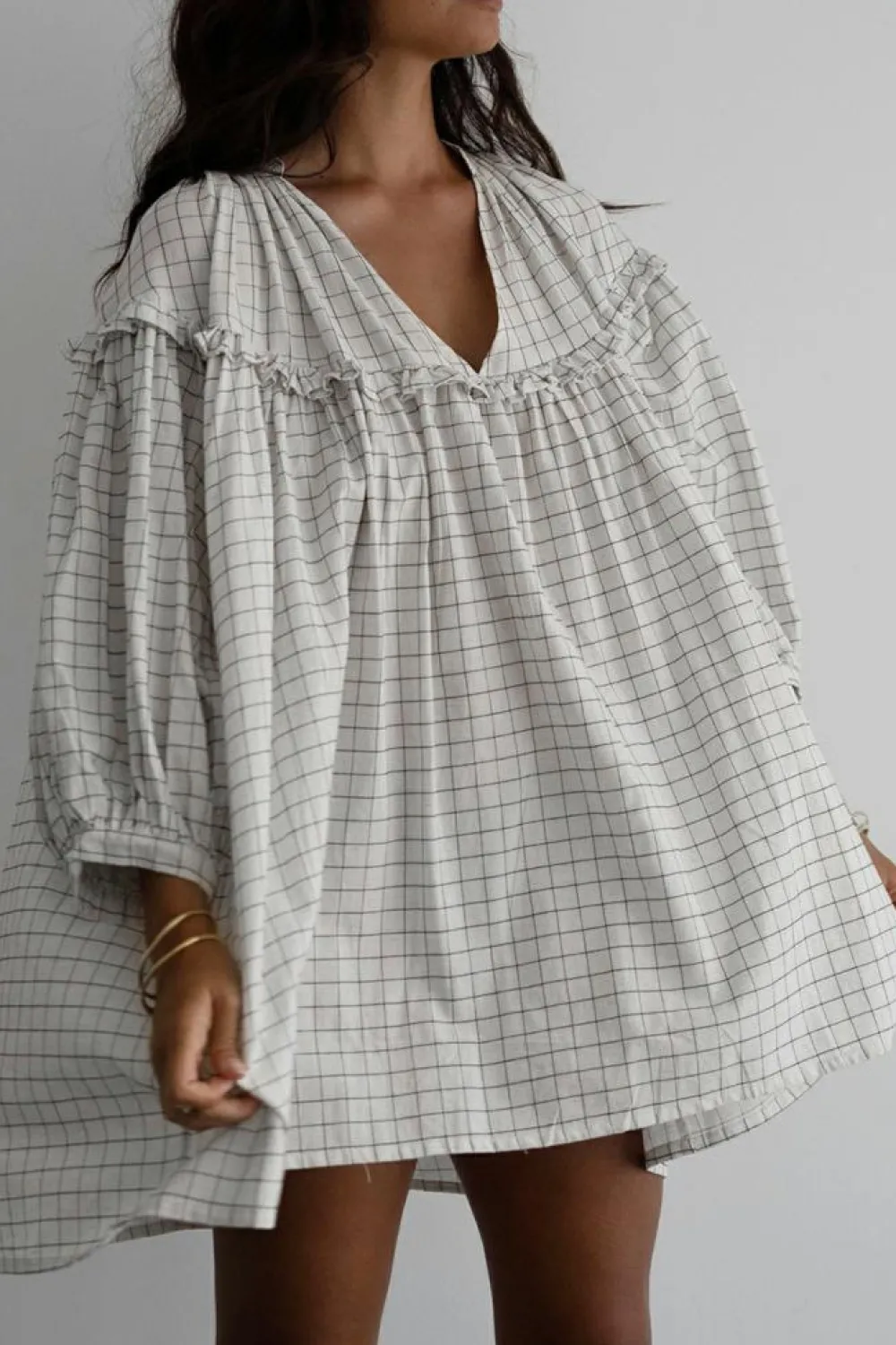Hot Dear-Lover Checkered Frilled V Neck Bracelet Sleeve Babydoll Dress White Stripe