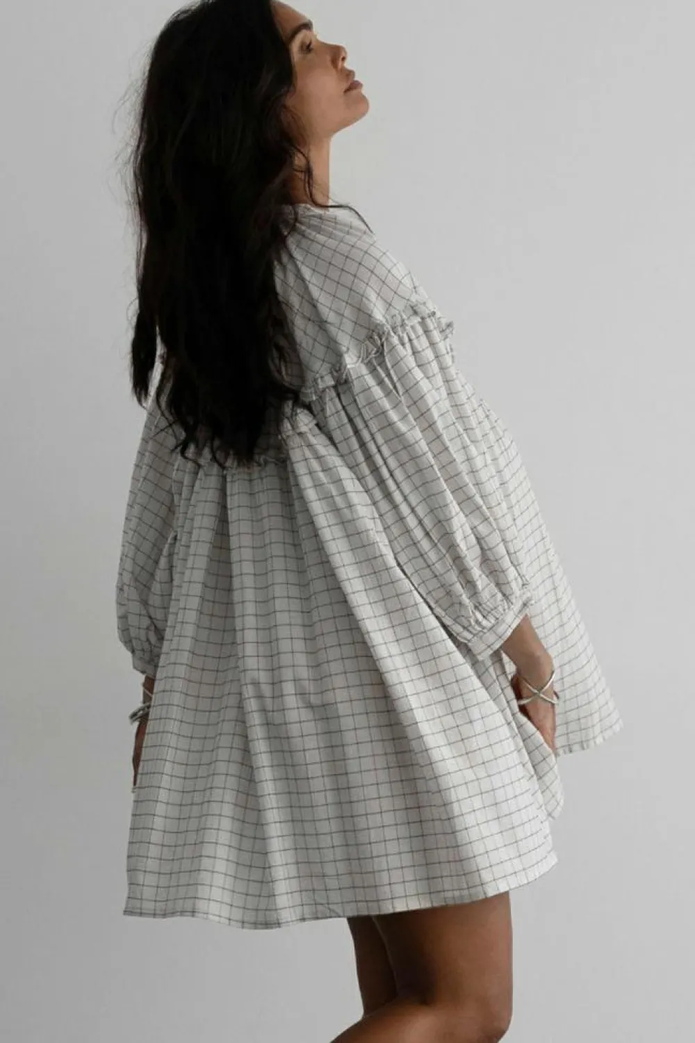 Hot Dear-Lover Checkered Frilled V Neck Bracelet Sleeve Babydoll Dress White Stripe