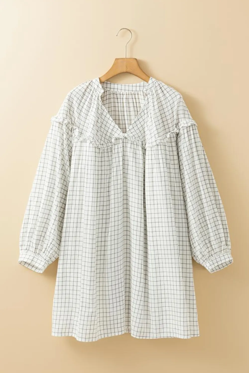 Hot Dear-Lover Checkered Frilled V Neck Bracelet Sleeve Babydoll Dress White Stripe