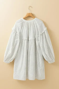 Hot Dear-Lover Checkered Frilled V Neck Bracelet Sleeve Babydoll Dress White Stripe