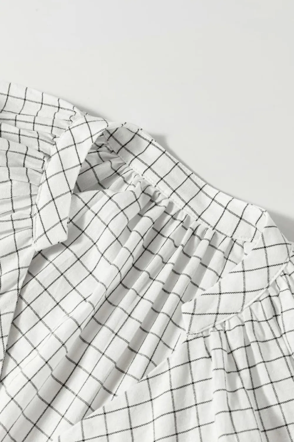 Hot Dear-Lover Checkered Frilled V Neck Bracelet Sleeve Babydoll Dress White Stripe