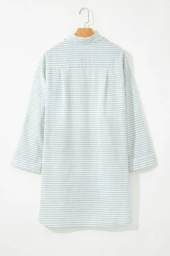 Clearance Dear-Lover Collared V Neck Chest Pocket Long Sleeve Beach Cover up White Stripe
