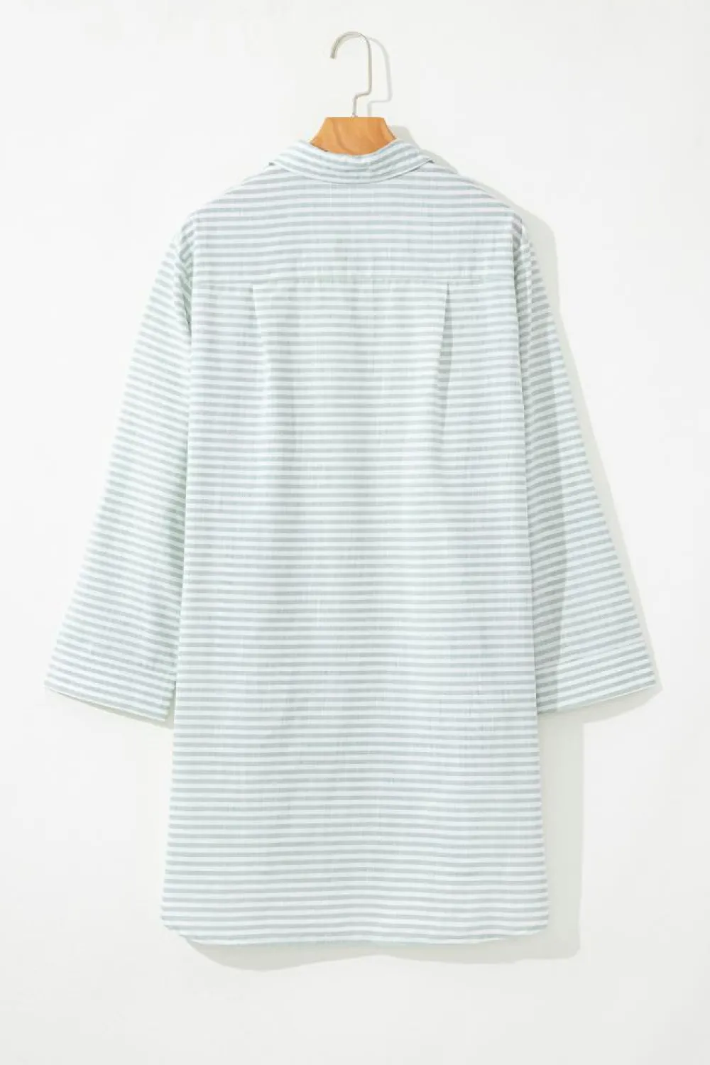 Clearance Dear-Lover Collared V Neck Chest Pocket Long Sleeve Beach Cover up White Stripe