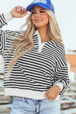 Outlet Dear-Lover Color Block Buttoned Crew Neck Oversized Sweatshirt White Stripe