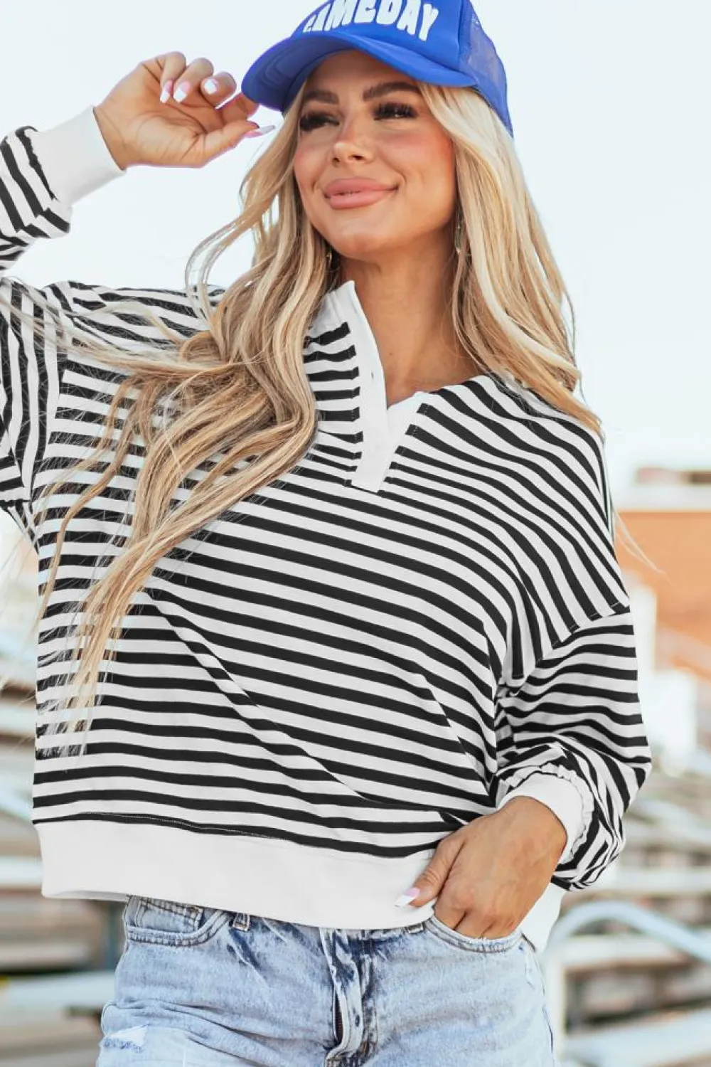 Outlet Dear-Lover Color Block Buttoned Crew Neck Oversized Sweatshirt White Stripe