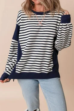 Discount Dear-Lover Color Block Exposed Seam Loose Fit Sweatshirt White Stripe