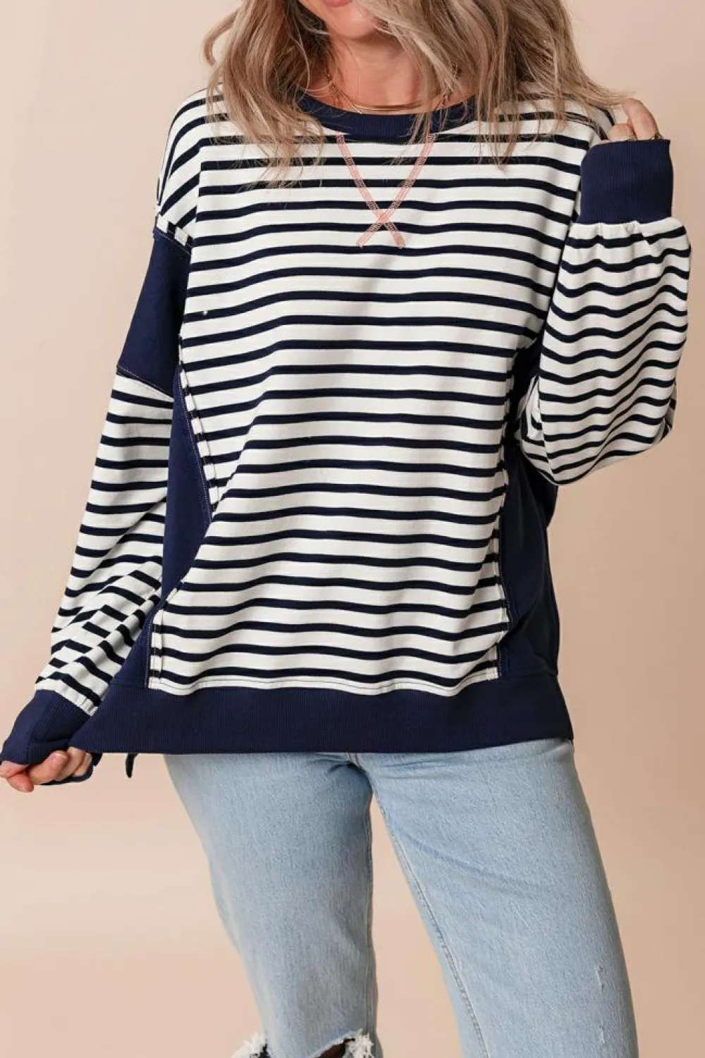Discount Dear-Lover Color Block Exposed Seam Loose Fit Sweatshirt White Stripe