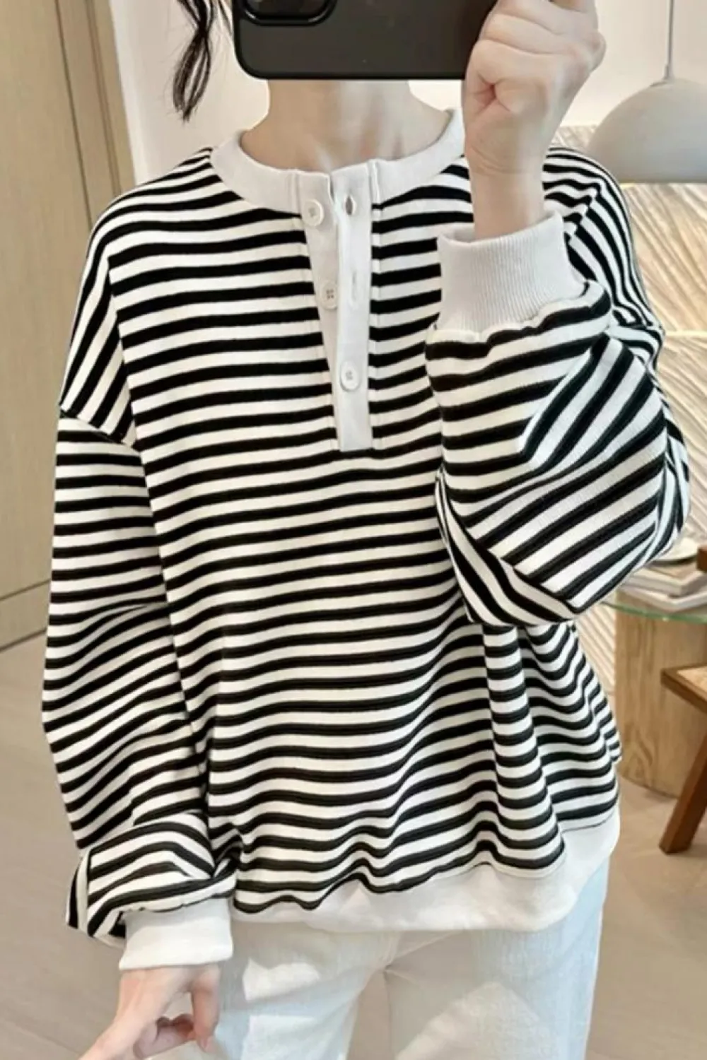 Outlet Dear-Lover Color Block Buttoned Crew Neck Oversized Sweatshirt White Stripe