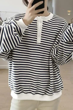 Outlet Dear-Lover Color Block Buttoned Crew Neck Oversized Sweatshirt White Stripe