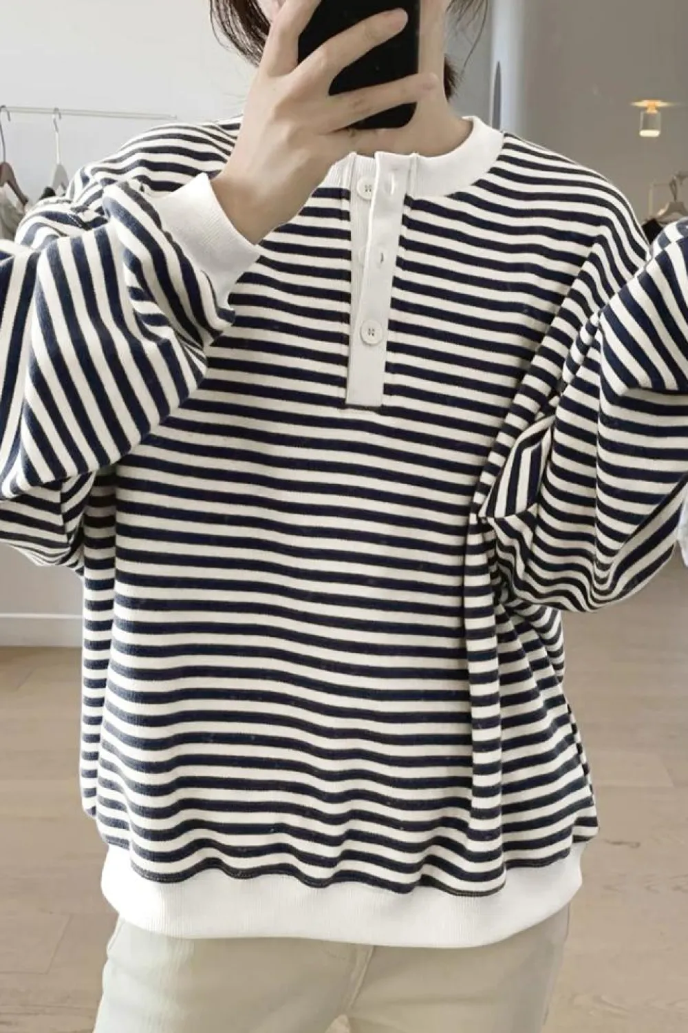 Outlet Dear-Lover Color Block Buttoned Crew Neck Oversized Sweatshirt White Stripe