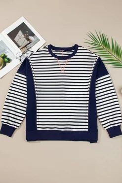 Discount Dear-Lover Color Block Exposed Seam Loose Fit Sweatshirt White Stripe