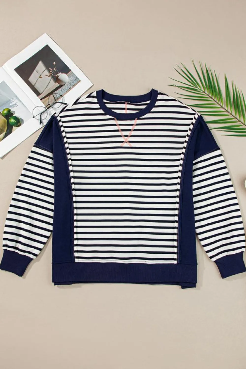 Discount Dear-Lover Color Block Exposed Seam Loose Fit Sweatshirt White Stripe