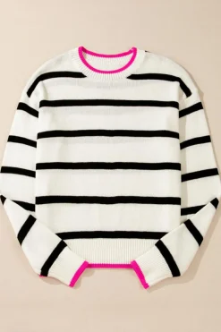 Outlet Dear-Lover Color Contrast Drop Shoulder Crew Neck Sweater White Stripe