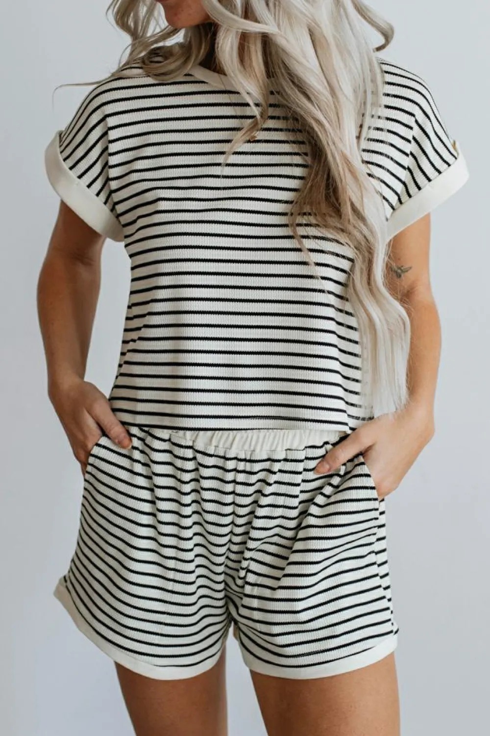 Clearance Dear-Lover Contrast Edge Tee and Shorts Set White Stripe