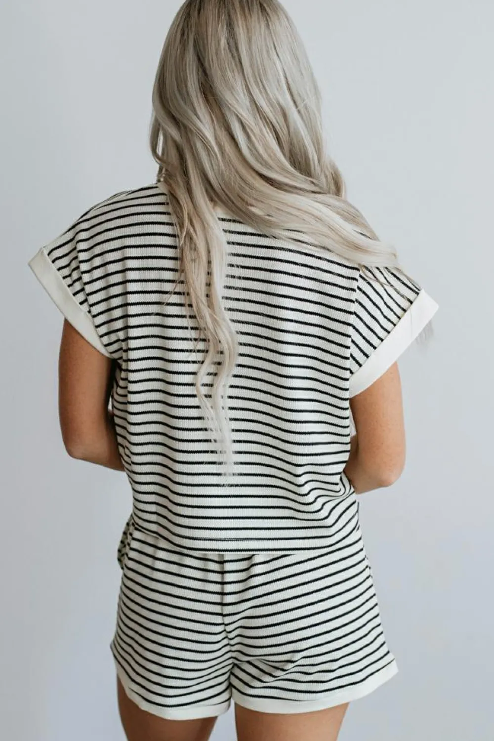 Clearance Dear-Lover Contrast Edge Tee and Shorts Set White Stripe