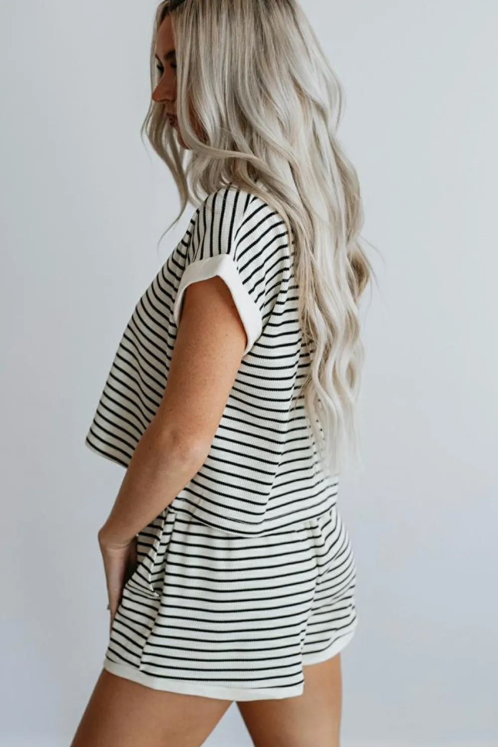 Clearance Dear-Lover Contrast Edge Tee and Shorts Set White Stripe