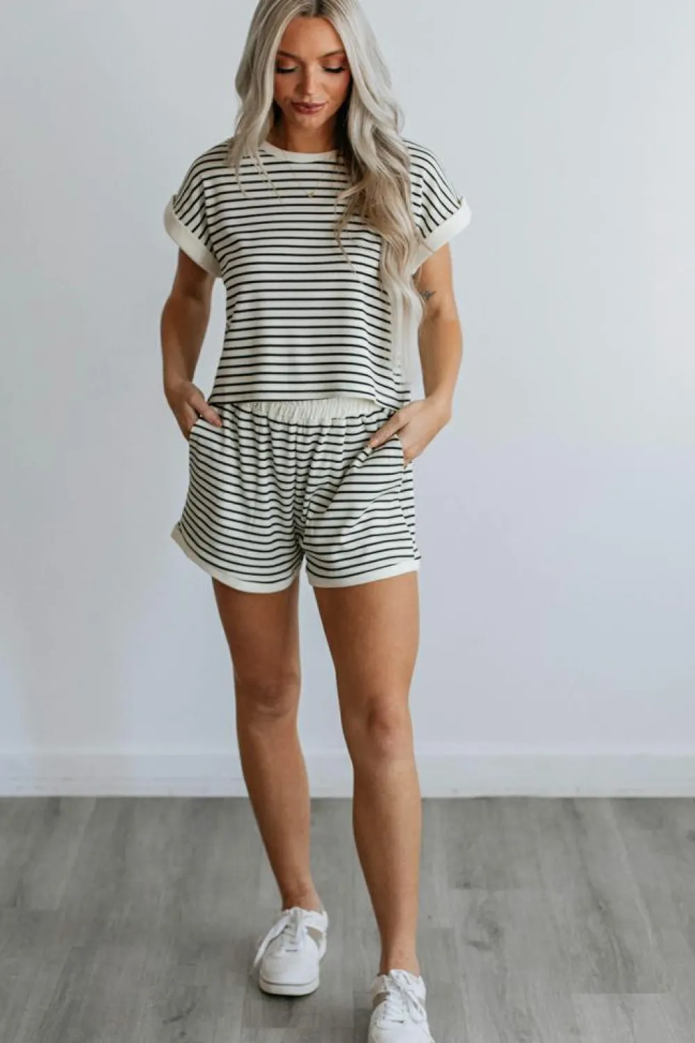 Clearance Dear-Lover Contrast Edge Tee and Shorts Set White Stripe