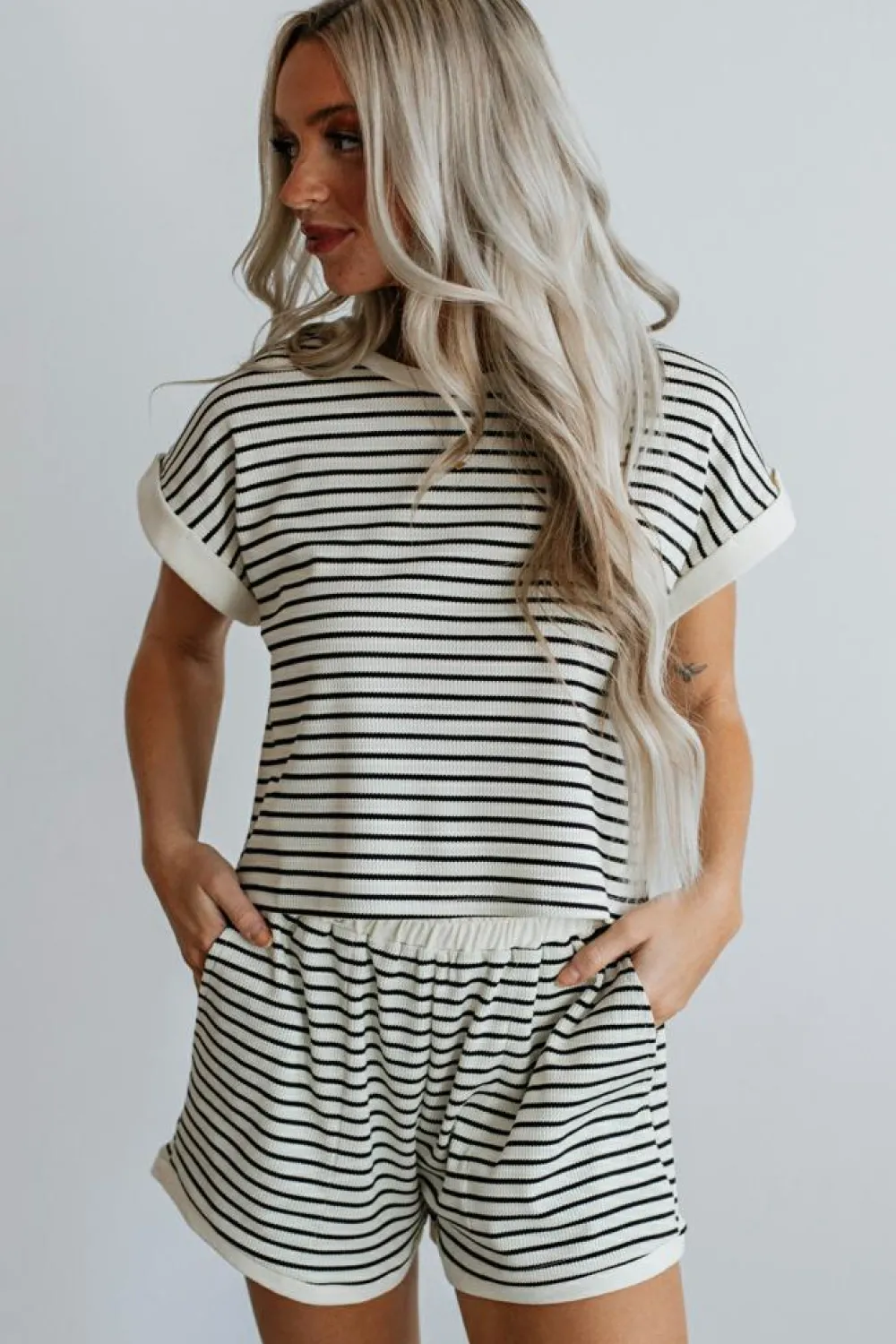 Clearance Dear-Lover Contrast Edge Tee and Shorts Set White Stripe