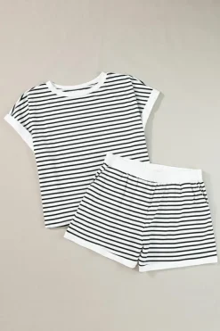 Clearance Dear-Lover Contrast Edge Tee and Shorts Set White Stripe