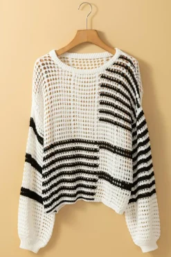 Outlet Dear-Lover Contrast Striped Crochet Puff Sleeve Sweater White Stripe