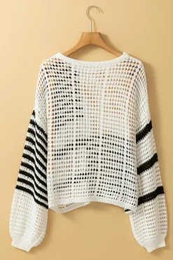 Outlet Dear-Lover Contrast Striped Crochet Puff Sleeve Sweater White Stripe