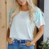 Discount Dear-Lover Floral Insert Sleeves Contrast Round Neck Tee White Stripe