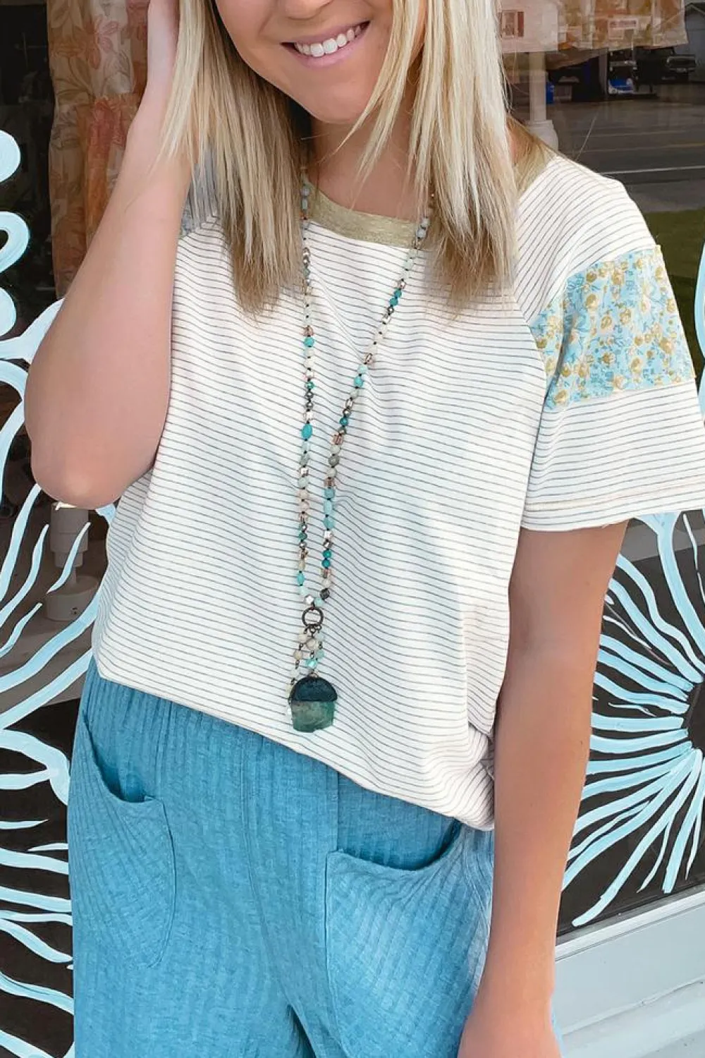 Discount Dear-Lover Floral Insert Sleeves Contrast Round Neck Tee White Stripe