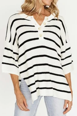 Sale Dear-Lover Henley Buttoned Placket Drop Shoulder Bracelet Sleeve Knit Sweater Tee White Stripe