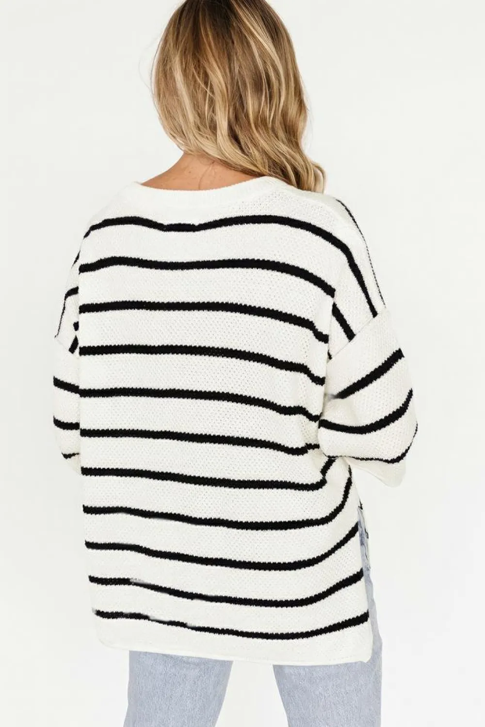 Sale Dear-Lover Henley Buttoned Placket Drop Shoulder Bracelet Sleeve Knit Sweater Tee White Stripe