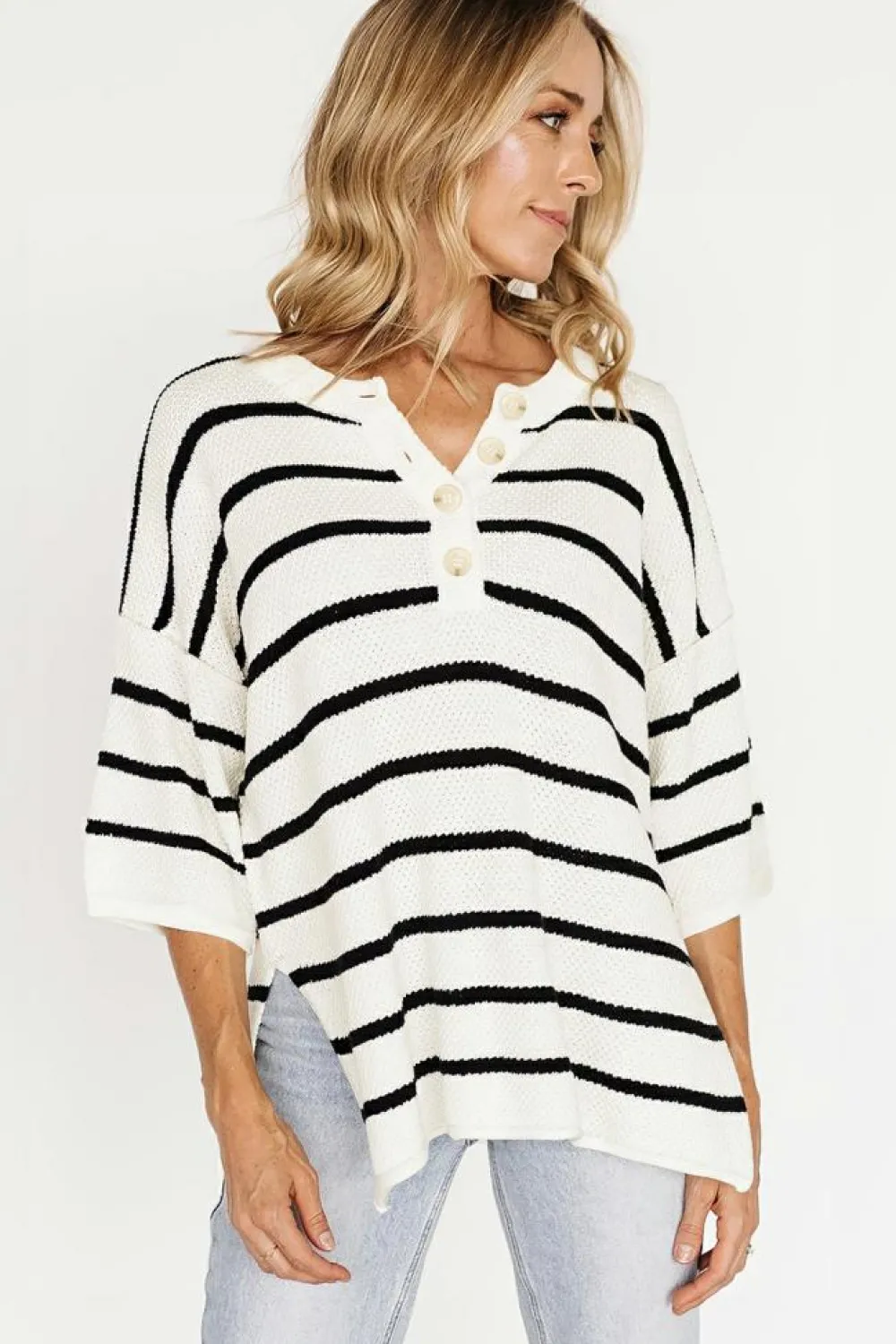 Sale Dear-Lover Henley Buttoned Placket Drop Shoulder Bracelet Sleeve Knit Sweater Tee White Stripe