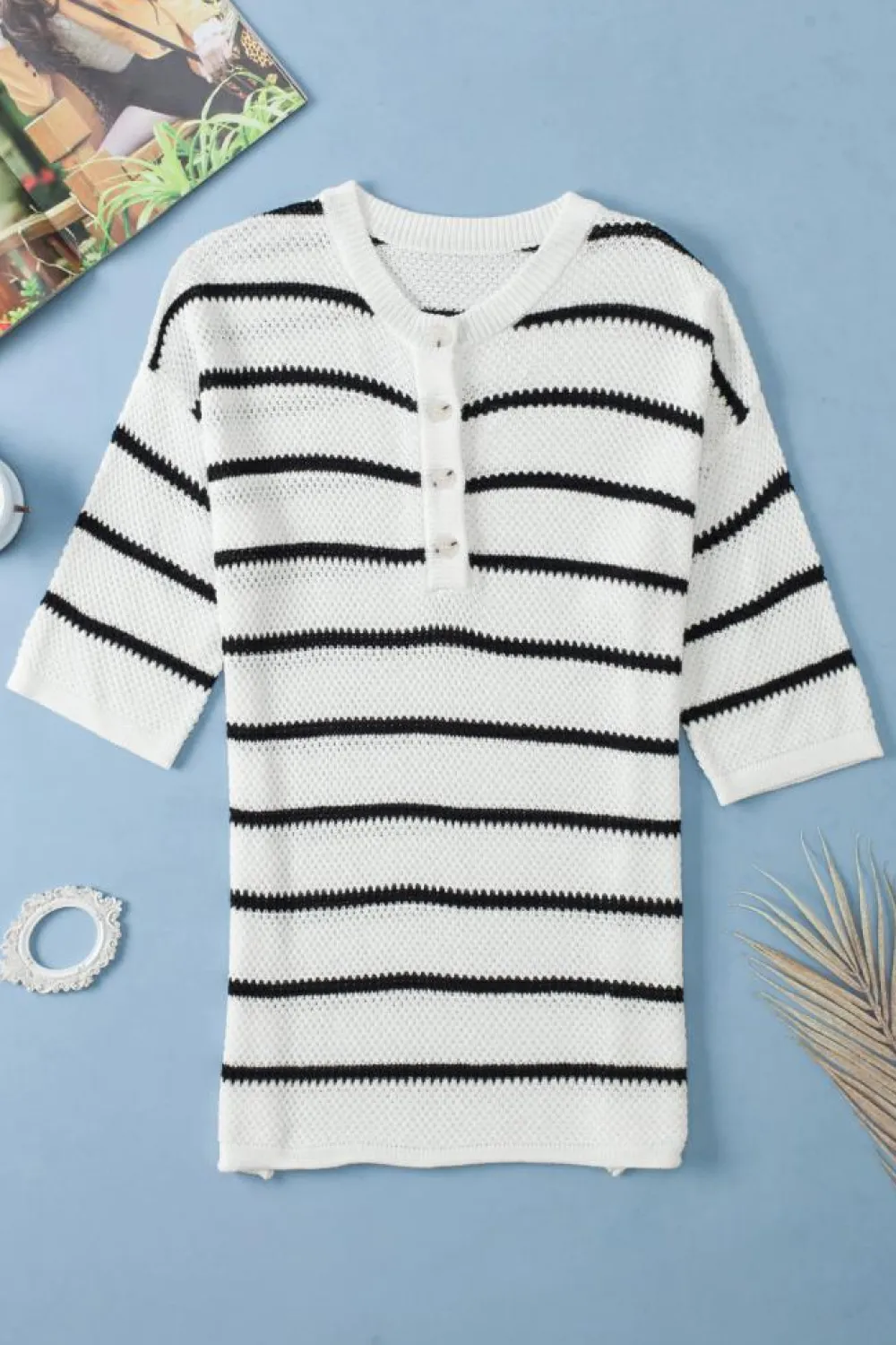 Sale Dear-Lover Henley Buttoned Placket Drop Shoulder Bracelet Sleeve Knit Sweater Tee White Stripe