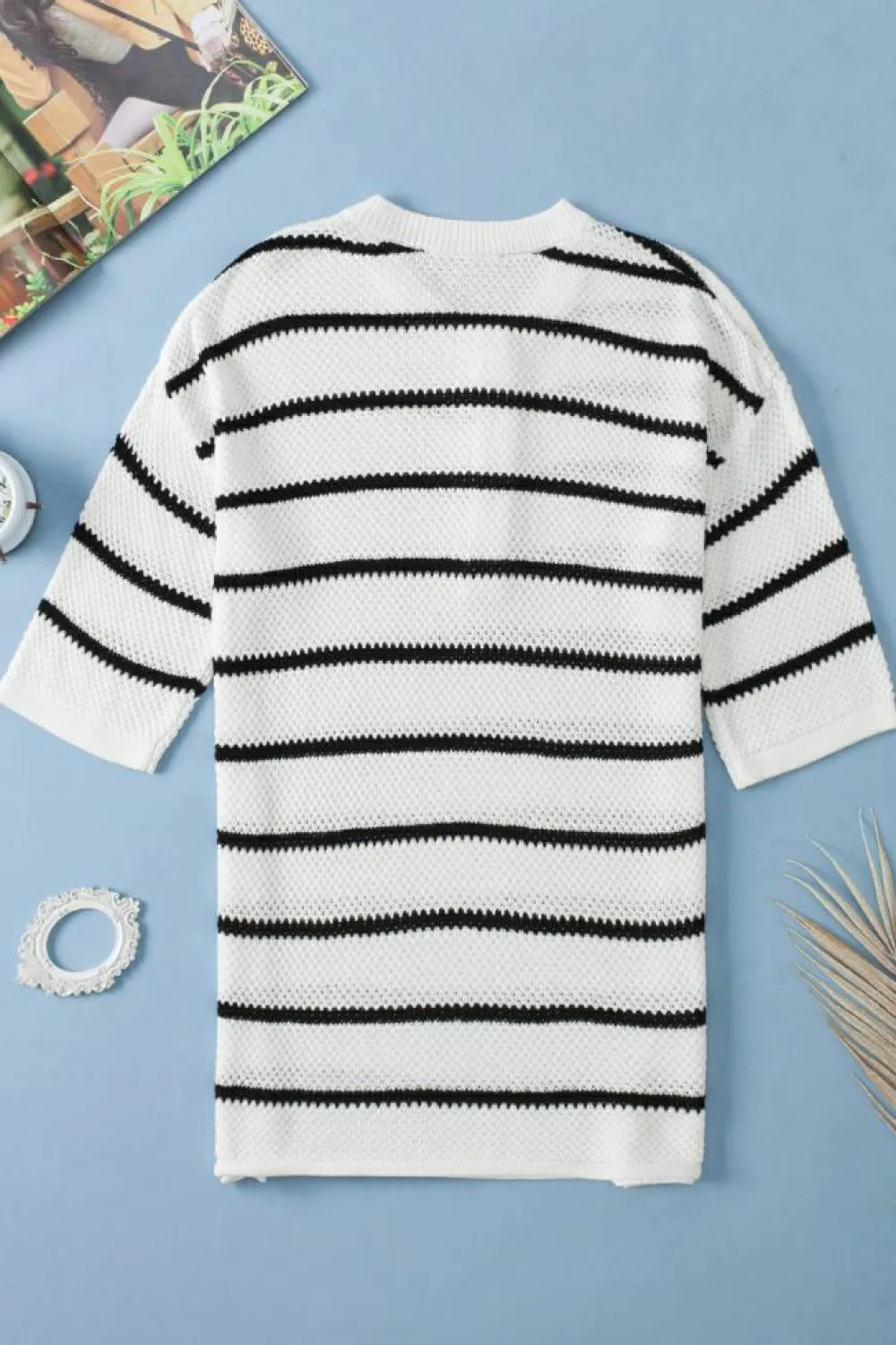 Sale Dear-Lover Henley Buttoned Placket Drop Shoulder Bracelet Sleeve Knit Sweater Tee White Stripe