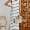 New Dear-Lover Stripe Print Open Back Sleeveless Maxi Dress with Slits White