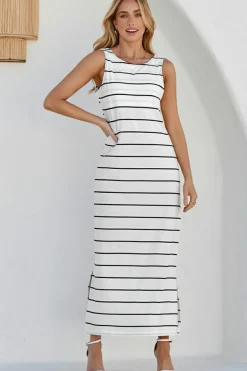 New Dear-Lover Stripe Print Open Back Sleeveless Maxi Dress with Slits White