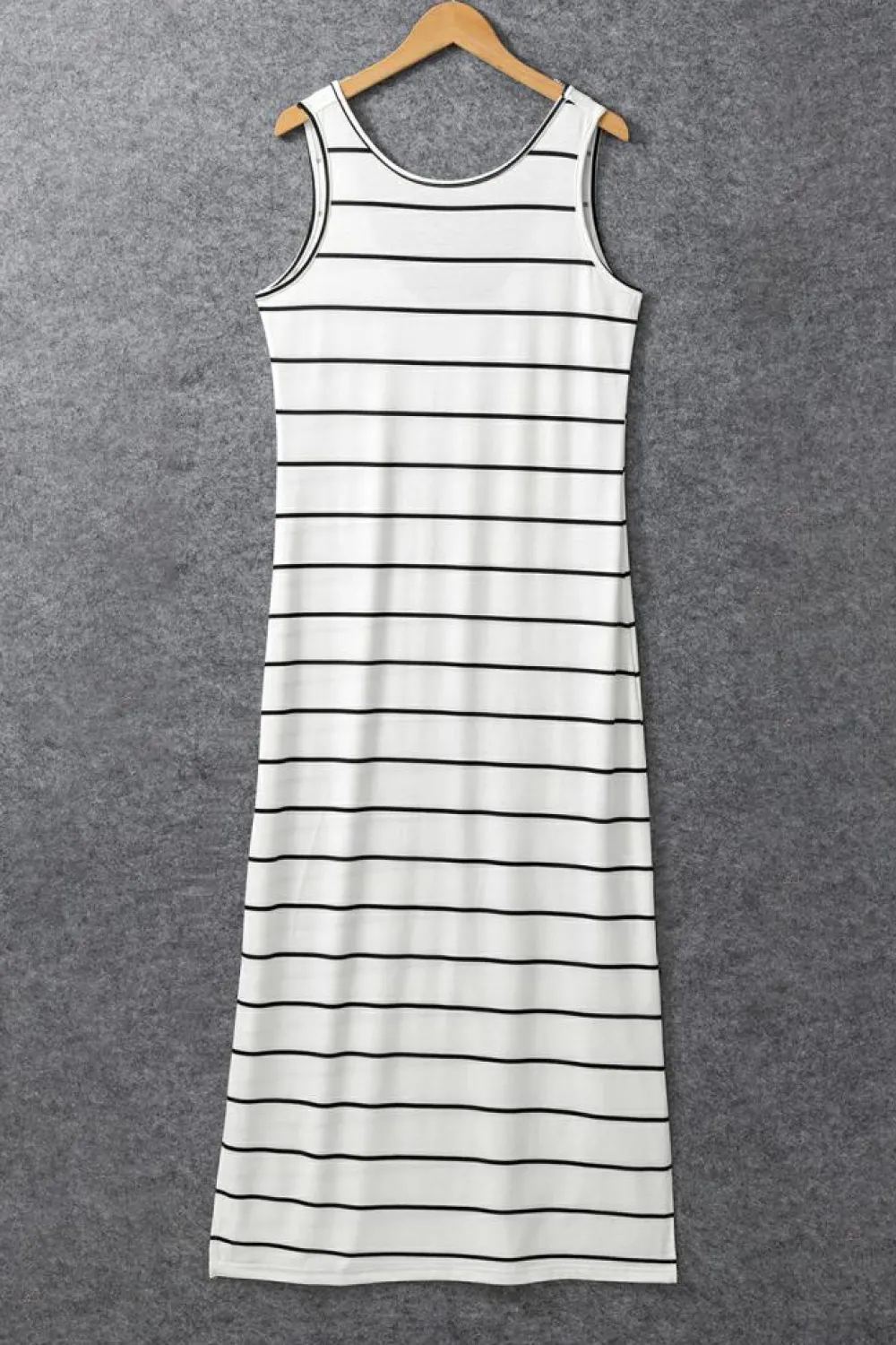 New Dear-Lover Stripe Print Open Back Sleeveless Maxi Dress with Slits White