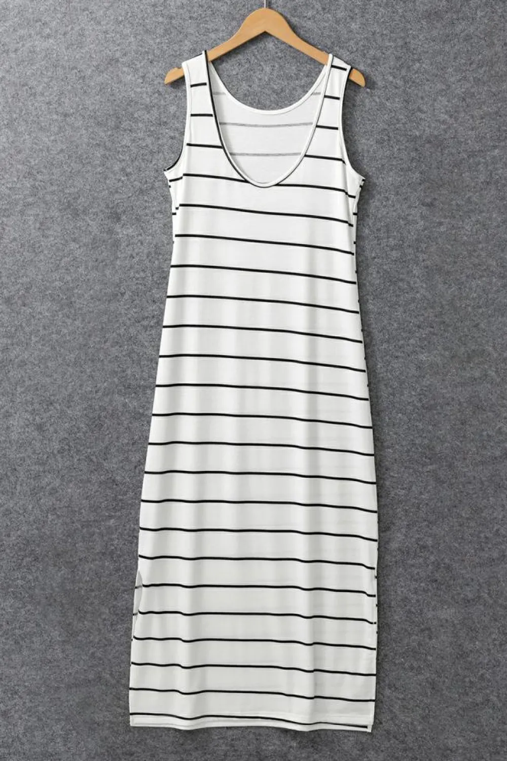 New Dear-Lover Stripe Print Open Back Sleeveless Maxi Dress with Slits White