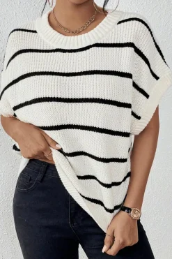 Sale Dear-Lover Round Neck Batwing Sleeve Sweater White Stripe