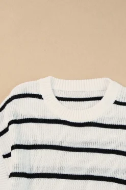 Sale Dear-Lover Round Neck Batwing Sleeve Sweater White Stripe