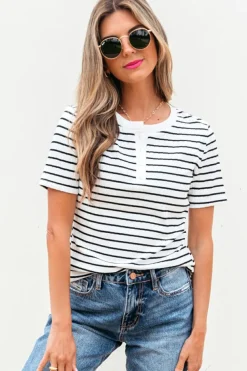 Discount Dear-Lover Textured Short Sleeve Buttoned Henley Top White Stripe
