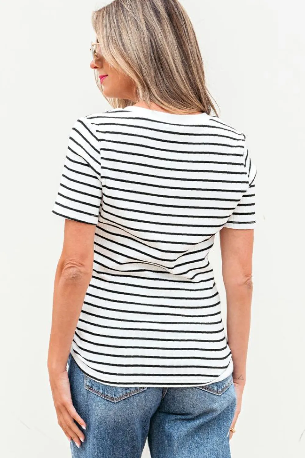 Discount Dear-Lover Textured Short Sleeve Buttoned Henley Top White Stripe