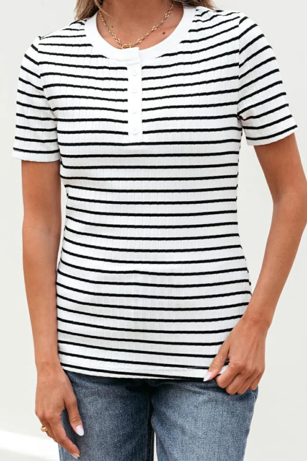 Discount Dear-Lover Textured Short Sleeve Buttoned Henley Top White Stripe
