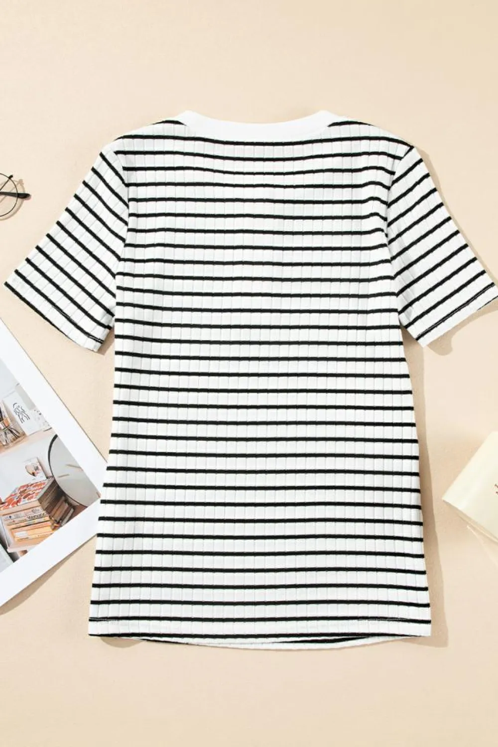 Discount Dear-Lover Textured Short Sleeve Buttoned Henley Top White Stripe